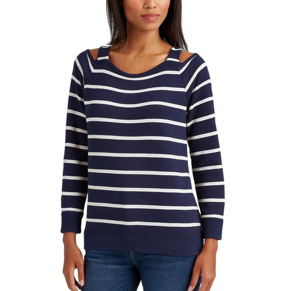 Lauren Ralph Lauren Women’s Cold Shoulder Navy Striped Sweater Top Medium - Picture 1 of 7